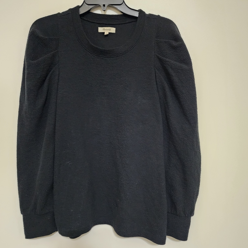 MADEWELL Pleated Statement Sleeve Top Textured Crepe Fabric Black Large